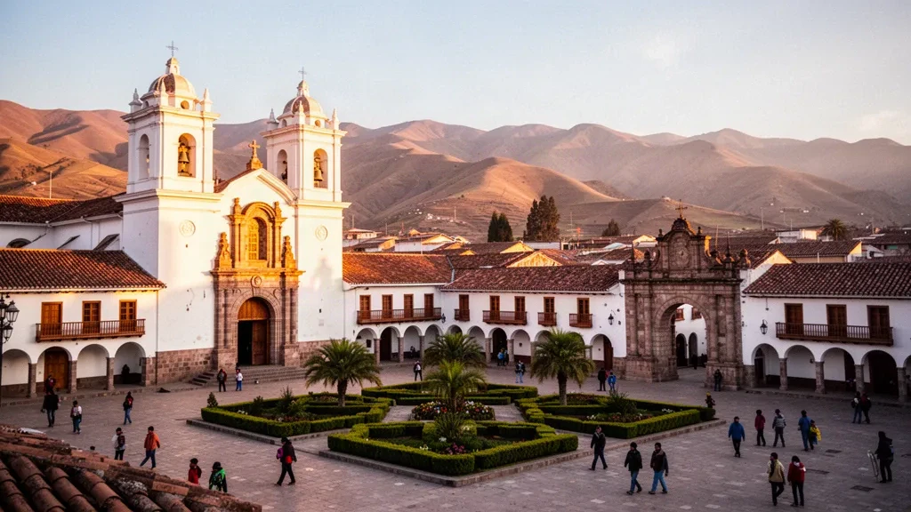 Ayacucho Plaza de Armas in Peru with its white colonial cathedral and Andean foothills at golden hour