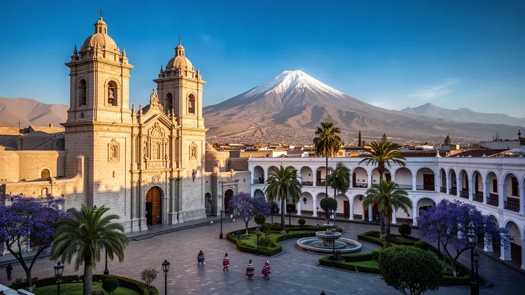 Plaza de Armas di Arequipa con la sua cattedrale in sillar bianco e i portici coloniali sotto il vulcano Misti all'ora d'oro