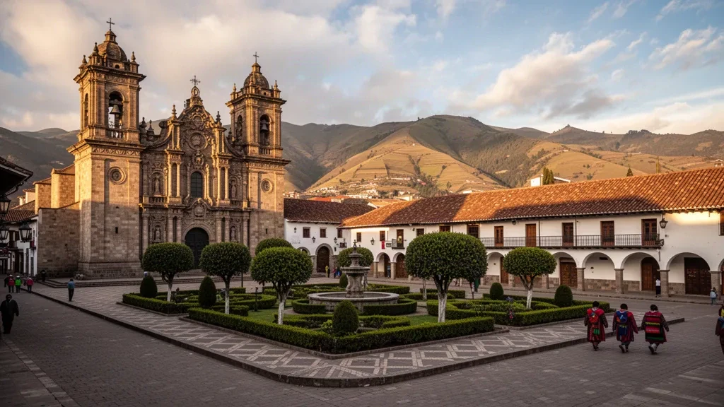 Golden-hour view of Cajamarca's Plaza de Armas in Peru, with its Baroque cathedral, colonial arcades and Andean hills behind the rooftops