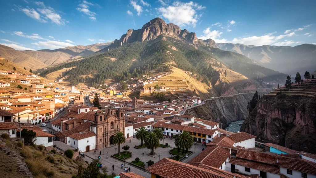 Andenstadt Abancay in der Region Apurímac in Peru, mit terrakottafarbenen Dächern und dem Ampay-Massiv im warmen Licht des späten Nachmittags