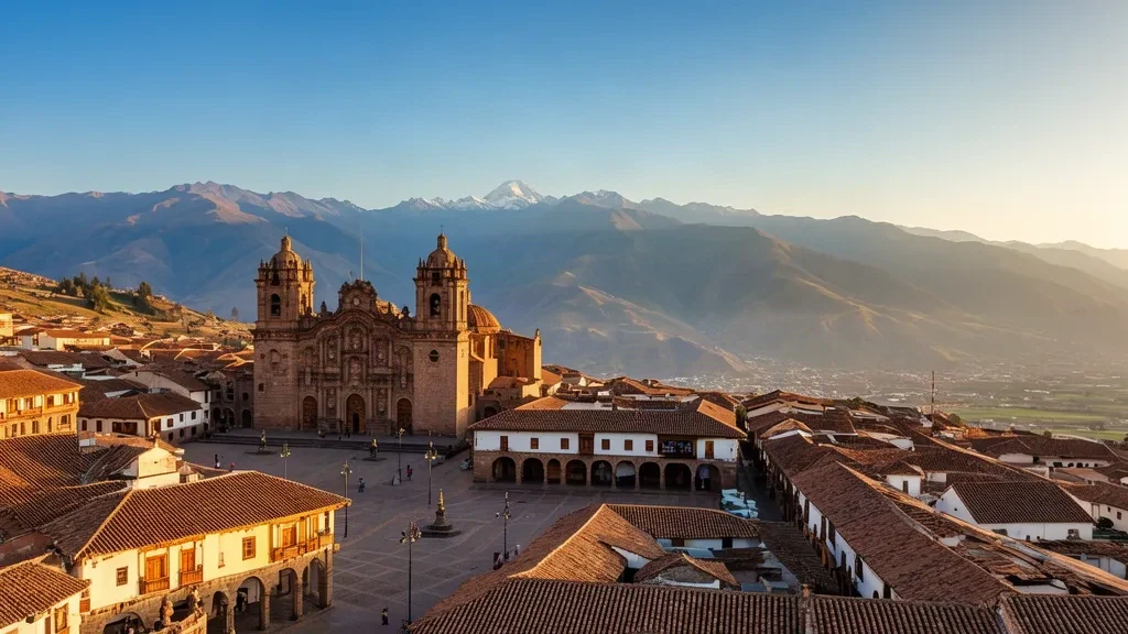 Heure dorée sur la Plaza de Armas de Cusco, avec les toits coloniaux et les sommets des Andes, une destination de voyage au Pérou