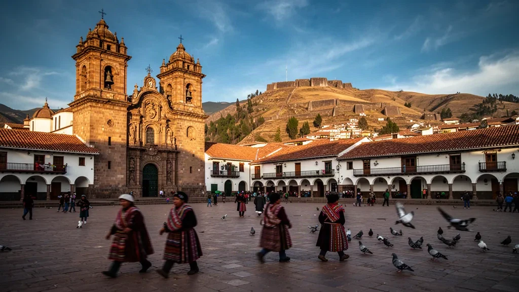 Plaza de Armas de Cusco avec la cathédrale coloniale et les collines andines à l'heure dorée au Pérou