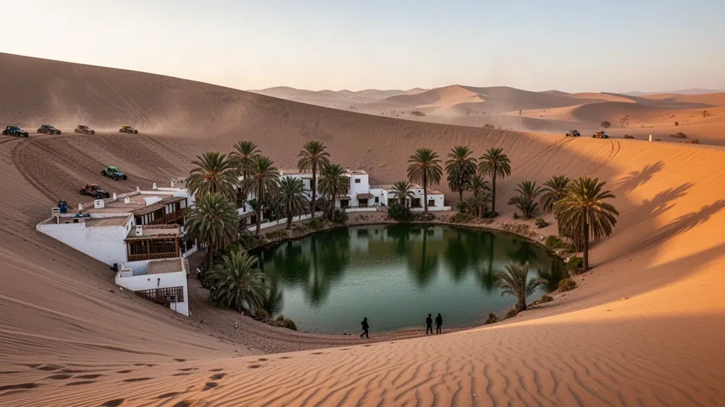 Veduta dell'oasi di Huacachina vicino a Ica, in Perù, durante l'ora d'oro, con palme, edifici in adobe e imponenti dune di sabbia