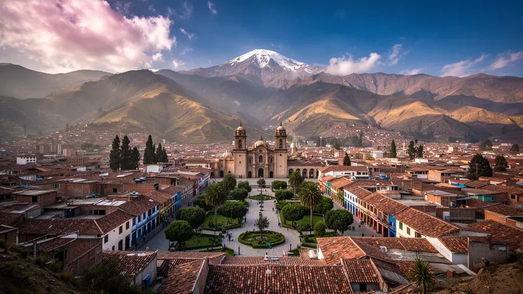 Paysage urbain de Huancayo dans la région de Junín au Pérou, avec des toits en terre cuite, des tours de cathédrale et des pics andins saupoudrés de neige à l'heure dorée