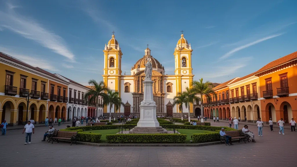 Peru'nun La Libertad bölgesindeki Trujillo'nun Plaza de Armas meydanı, katedrali ve Özgürlük Anıtı üzerinde altın rengi öğleden sonra ışığı; yerel halk sömürge dönemi kemerlerinin önünden geçiyor.