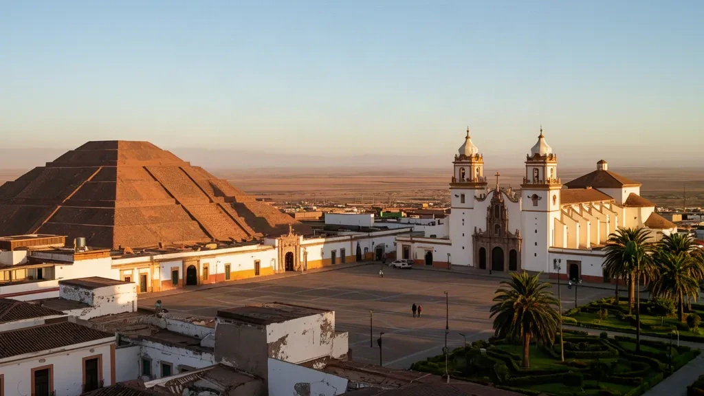 Blick auf Lambayeque, Peru, zur goldenen Stunde mit dem pyramidenförmigen Museum der Königlichen Gräber von Sipán und kolonialer Plaza-Architektur