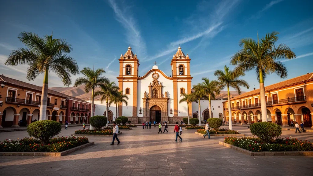 Spätnachmittagslicht auf der Plaza de Armas von Lambayeque in Peru, mit der kolonialen San-Pedro-Kirche, Palmen und Einheimischen, die den Platz überqueren.