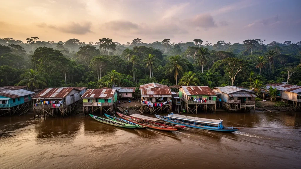 Colourful stilt houses and wooden riverboats along the Amazon River waterfront in Iquitos, Loreto, Peru at golden hour