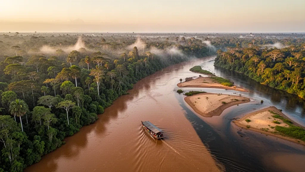 Vue aérienne des rivières Madre de Dios et Tambopata serpentant à travers la forêt tropicale amazonienne près de Puerto Maldonado, au Pérou