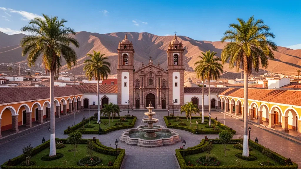 Plaza de Armas a Moquegua, Perù, con la cattedrale, le palme, la fontana e le colline andine sotto una calda luce pomeridiana.