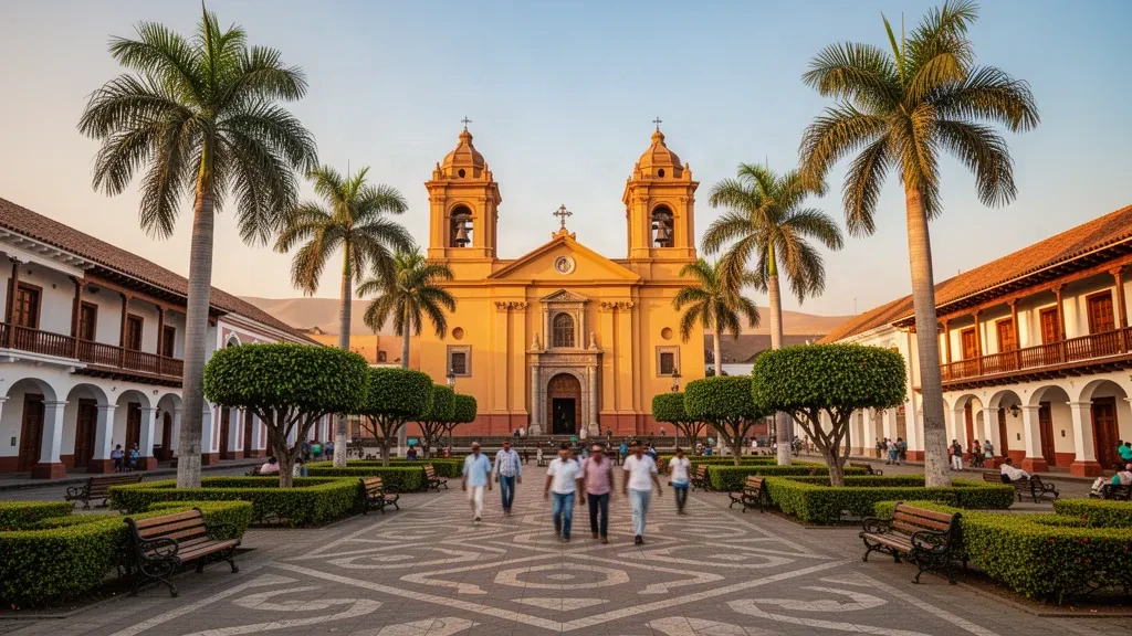 Vista durante la hora dorada de la Plaza de Armas de Piura, Perú, con las torres gemelas amarillas de la catedral y palmeras en el centro histórico colonial