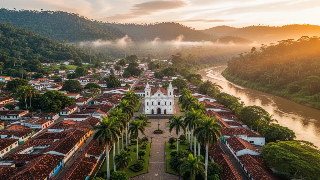 Veduta panoramica della città di Tarapoto a San Martín, Perù, circondata da rigogliose colline della foresta pluviale amazzonica al tramonto