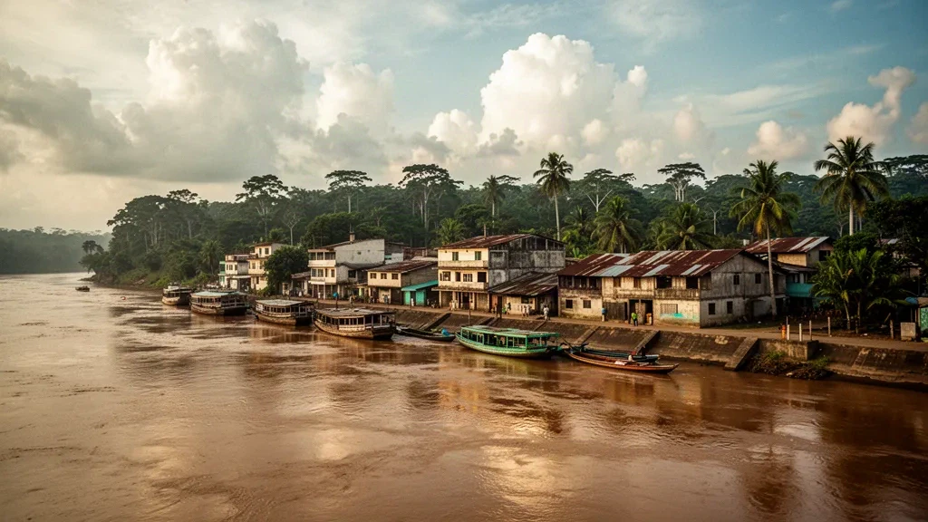 Atardecer sobre el frente fluvial del río Ucayali en Pucallpa, Perú, con botes de madera amarrados y edificios de poca altura a lo largo de la orilla tropical.