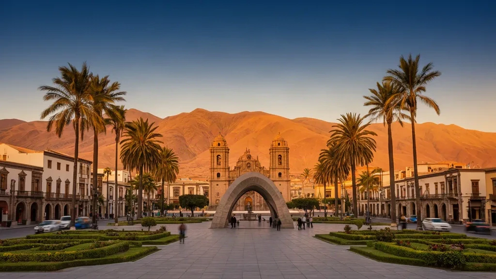 Golden-hour view of Tacna, Peru's Plaza de Armas with the cathedral, palms and the Arco Parabólico against desert hills
