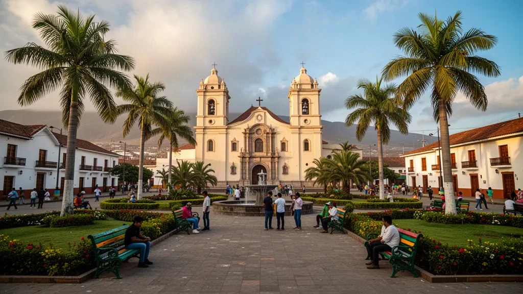 Plaza de Armas von Tumbes, Peru, mit Kathedrale und Palmen im warmen Nachmittagslicht