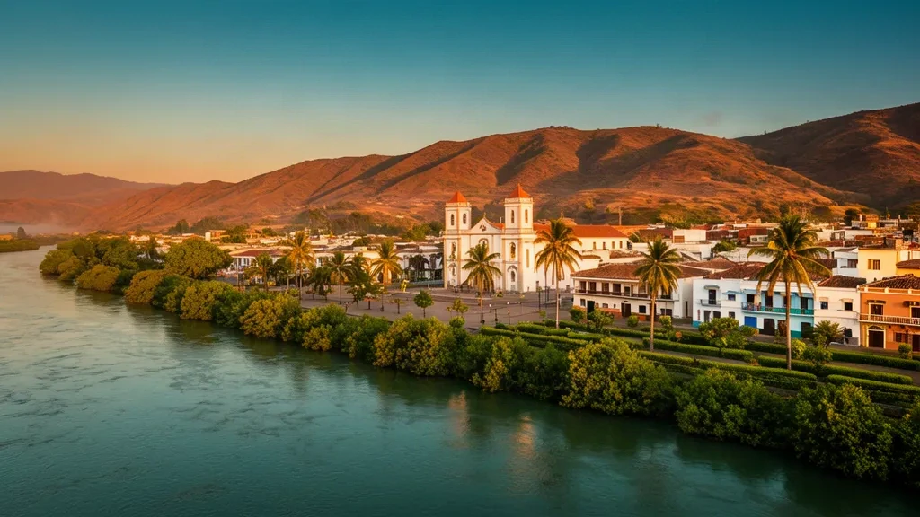 Peru'nun Tumbes kentinde altın saat ışığında katedral, palmiye ağaçlarıyla çevrili Plaza de Armas ve Amotape tepelerinin altındaki Tumbes Nehri manzarası.