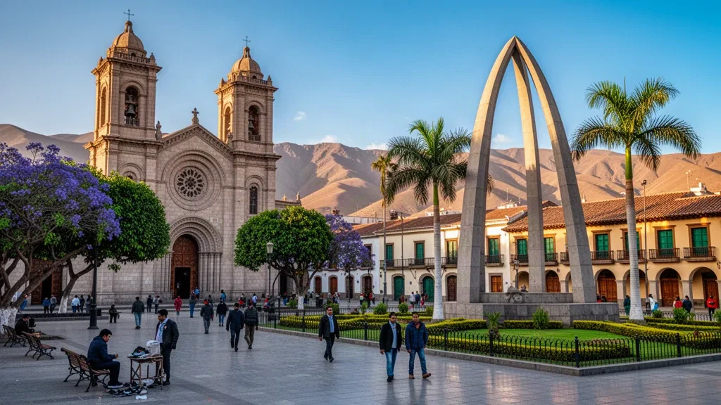 Tacna, Peru'daki Plaza de Armas; katedral kuleleri ve Arco Parabólico anıtı sıcak akşamüstü ışığı altında