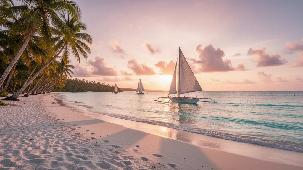 White Beach in Boracay, Aklan, Philippinen, mit traditionellen Paraw-Segelbooten auf türkisfarbenem Wasser bei goldenem Sonnenuntergang