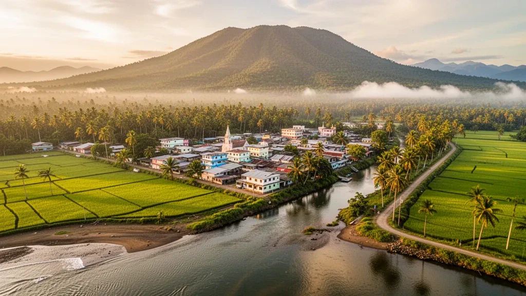 Luftaufnahme der Stadt Cabadbaran und ihres Flusstals in Agusan del Norte, Philippinen, zur goldenen Stunde mit dem Mount Hilong-Hilong im Hintergrund