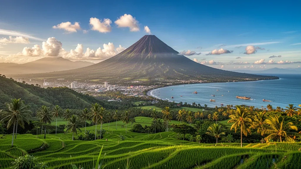 Der Mayon-Vulkan erhebt sich über grünen Reisfeldern und der Küste von Legazpi, Albay, Philippinen, in warmem tropischem Licht des späten Nachmittags
