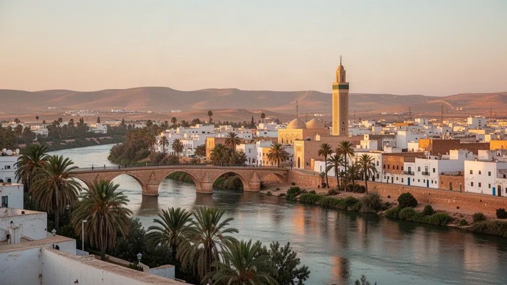 Vista urbana durante la hora dorada de Chlef, Argelia, con el río Chelif, un bulevar bordeado de palmeras y el minarete de la Gran Mezquita de Chlef alzándose sobre edificios blancos.