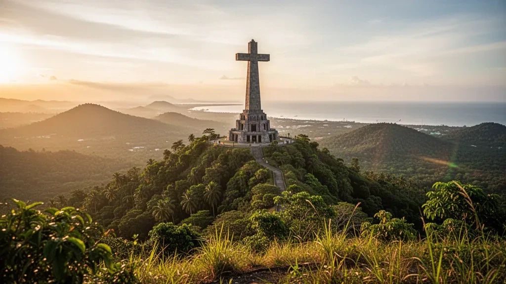 Croix commémorative du mont Samat sur une crête boisée à Bataan, aux Philippines, à l'heure dorée, avec la baie de Manille visible au loin