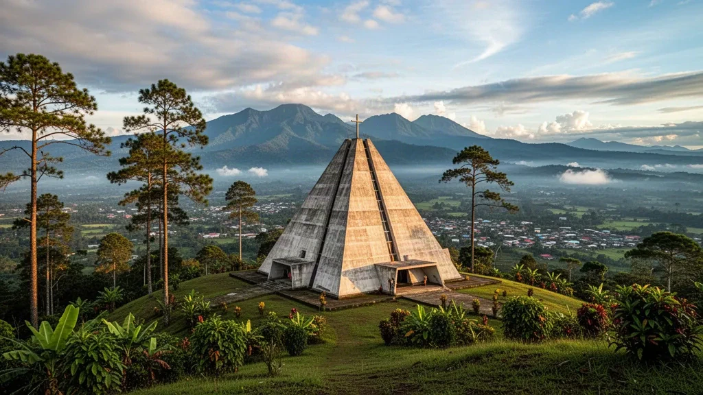 Modernistisches Kloster der Verklärung auf einer Anhöhe, umrahmt von Kiefern in Malaybalay, Bukidnon, mit den nebligen Kitanglad-Bergen im Hintergrund