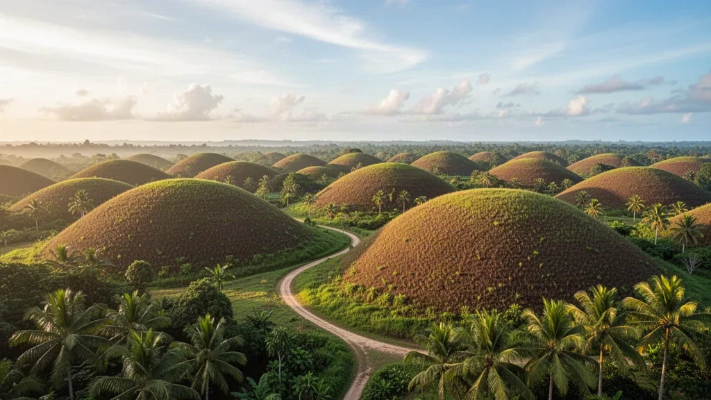 Vue à l'heure dorée des collines de chocolat à Bohol, aux Philippines, avec des monticules verts et bruns sous un ciel tropical dégagé.