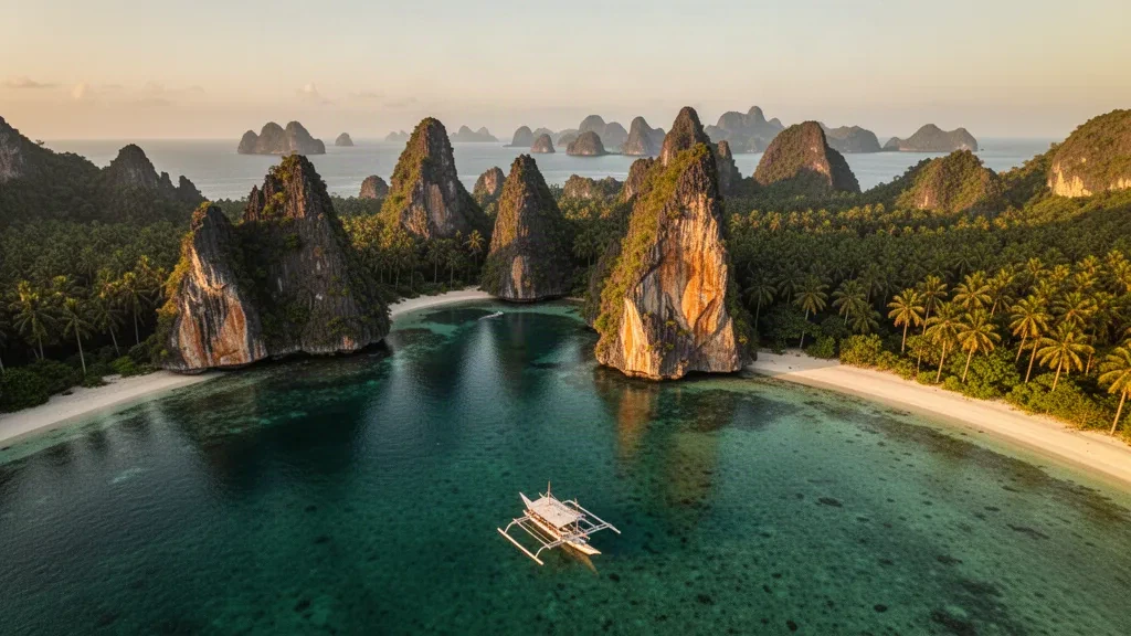 Lagons turquoise et îlots karstiques calcaires des îles de Caramoan à Camarines Sur, aux Philippines, encadrés par des plages de sable blanc et une forêt de palmiers.