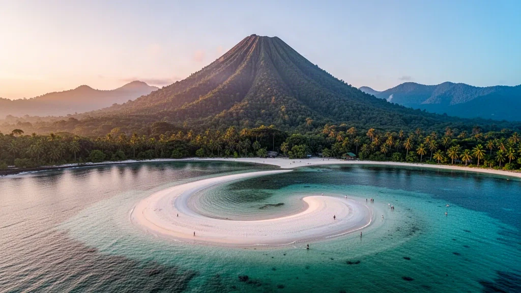 Sandbank von White Island mit türkisfarbenem Flachwasser und dem Vulkan Mount Hibok-Hibok, der dahinter in Camiguin auf den Philippinen aufragt