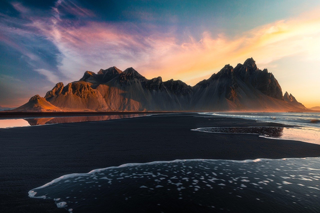 playa, volcán, océano, atardecer, amanecer, Islandia, Vestrahorn, Stokksnes, arena negra, olas, naturaleza, cielo, nubes, paisaje, playa, atardecer, Islandia, Islandia, Islandia, Vestrahorn, Vestrahorn, Vestrahorn, Vestrahorn, Vestrahorn, arena negra, arena negra, arena negra