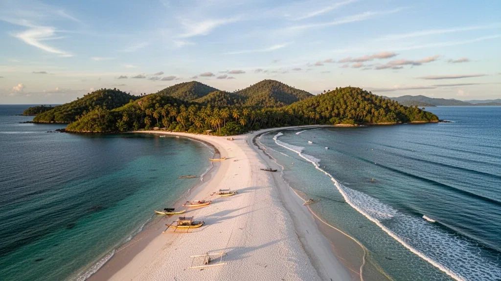 Weißer Sandstrand und türkisfarbenes Wasser der Calaguas-Inseln in Camarines Norte, Philippinen, umrahmt von grünen, palmbedeckten Hügeln und Auslegerbooten