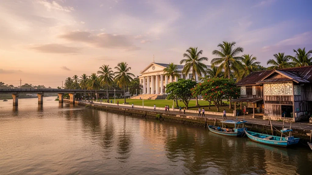 Vista a la hora dorada del paseo fluvial del río Panay y el capitolio provincial en Roxas City, Capiz, Filipinas