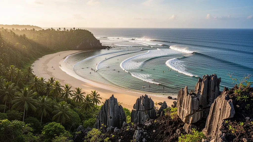Golden-hour view of Puraran Beach in Catanduanes, Philippines, with breaking surf, palm-lined sand and rocky headlands