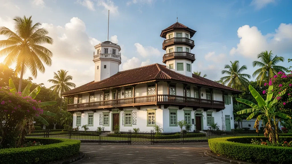 Historischer Aguinaldo-Schrein in Kawit, Cavite, Philippinen, seine weiße Kolonialfassade und der Turm leuchten im warmen Licht der goldenen Stunde