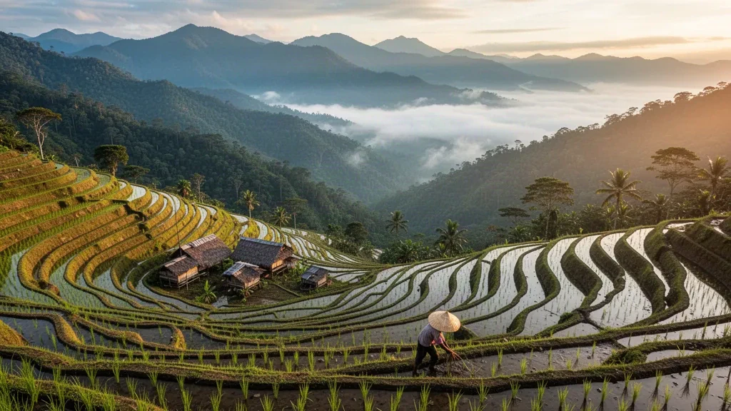 Terrazas de arroz esmeralda y crestas montañosas brumosas en las tierras altas de la Cordillera del norte de Filipinas al amanecer