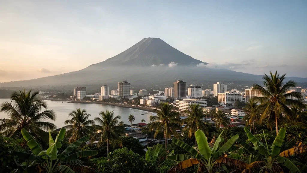 Mount Apo rising behind Davao City's waterfront skyline at golden hour, framed by lush tropical palm trees