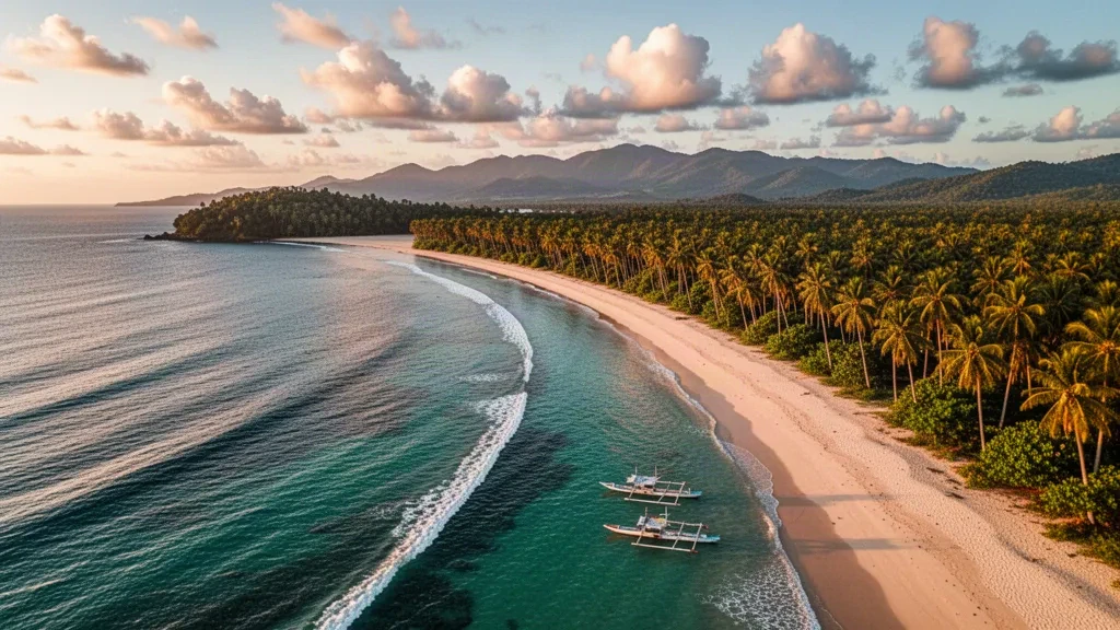 Golden-hour light over Dahican Beach with coconut palms and turquoise water in Mati, Davao Oriental, Philippines