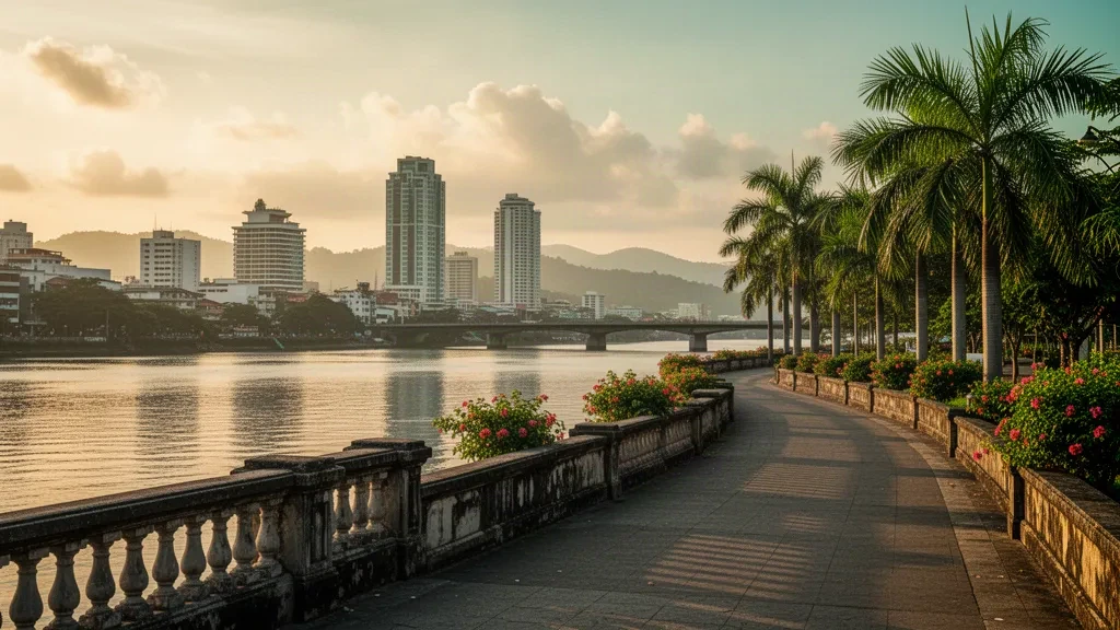 Passeggiata dell'Iloilo River Esplanade con palme e lo skyline della città di Iloilo durante l'ora d'oro nelle Filippine