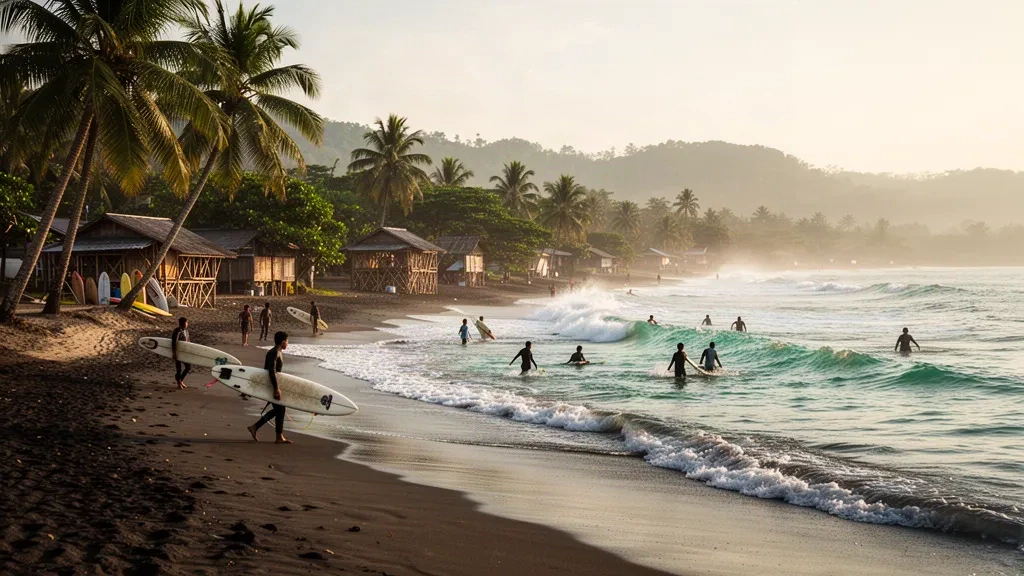 Surfisti e riva bordata di palme a Urbiztondo Beach a San Juan, La Union, Filippine durante l'ora d'oro