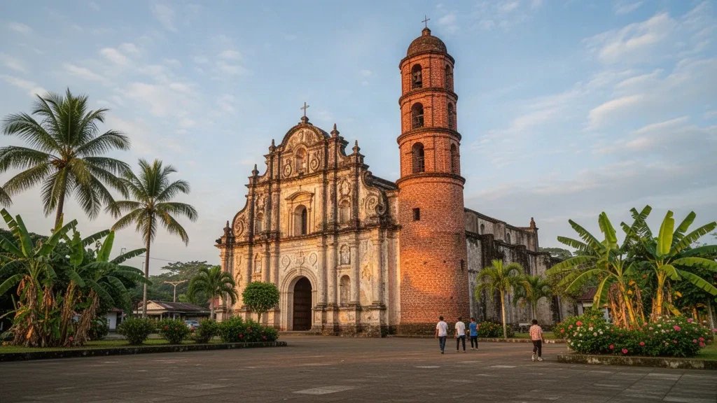 Facciata storica in mattoni e campanile cilindrico della Chiesa di Tumauini a Isabela, Filippine, illuminati dalla calda luce del tardo pomeriggio