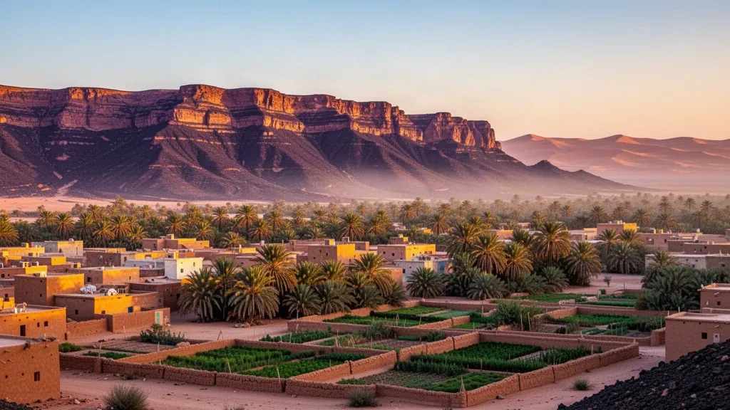 Vue à l'heure dorée de l'oasis de Djanet en Algérie, avec des palmeraies et des maisons en briques crues sous les falaises de grès du Tassili n'Ajjer