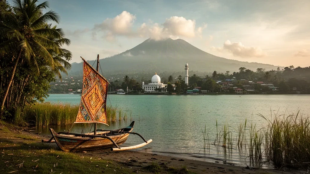Vue à l'heure dorée du lac Lanao avec un bateau à balancier maranao traditionnel et le rivage de Marawi City à Lanao del Sur, Philippines