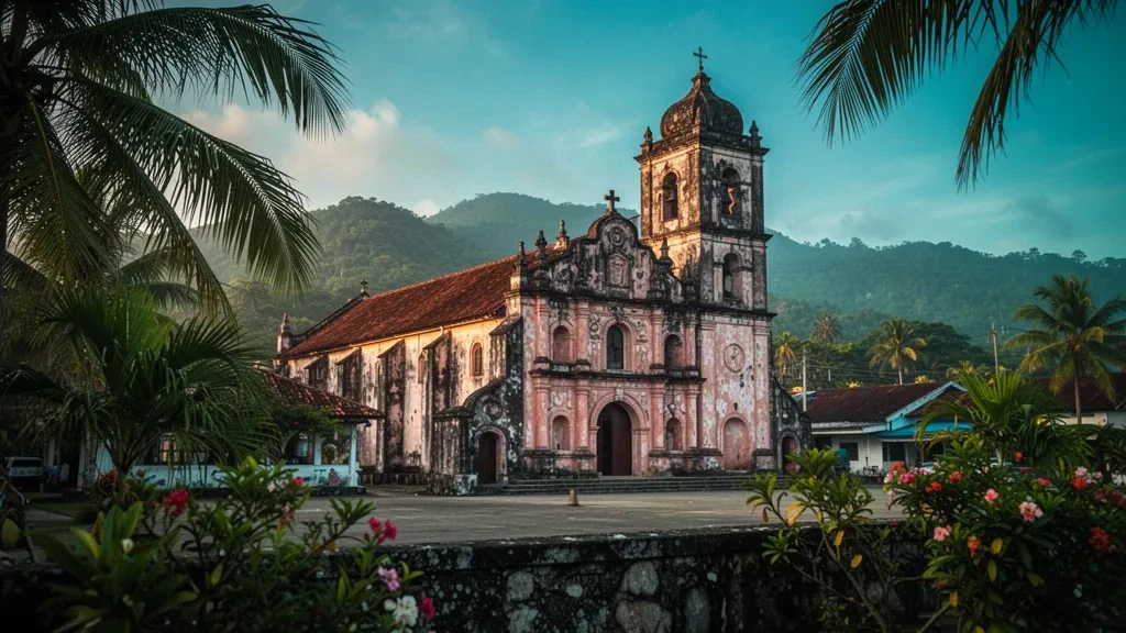 Historische Kathedrale von Boac in Marinduque, Philippinen, im Licht der goldenen Stunde mit tropischen Palmen und Inselhügeln im Hintergrund