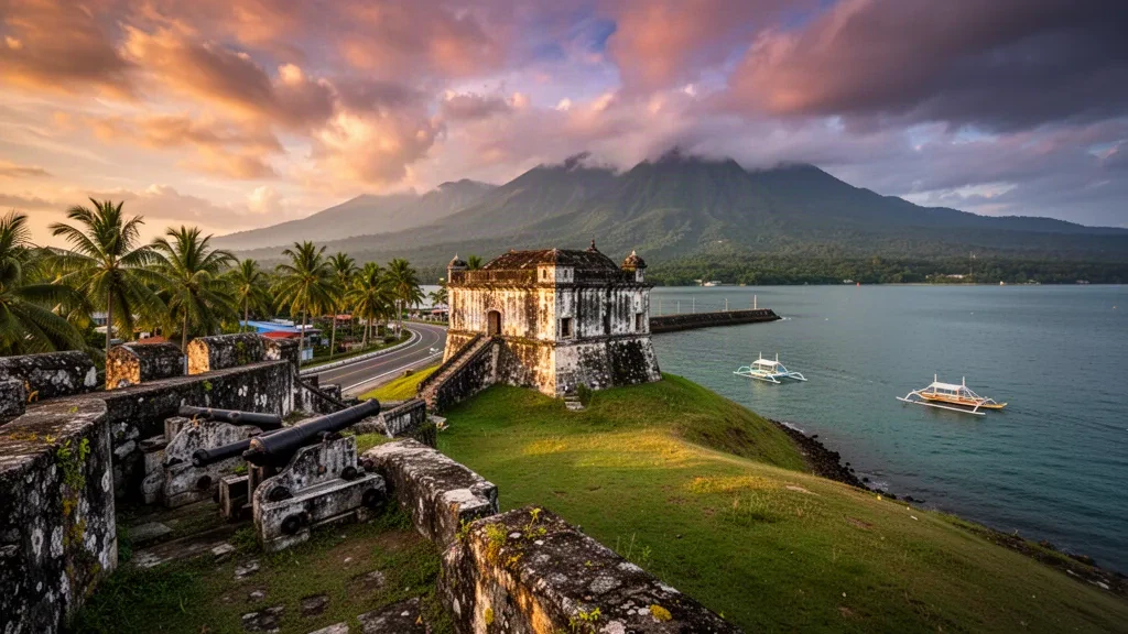 Murallas históricas de piedra del Fuerte Cotta sobre la bahía de Panguil en la ciudad de Ozamiz, Misamis Occidental, al atardecer dorado