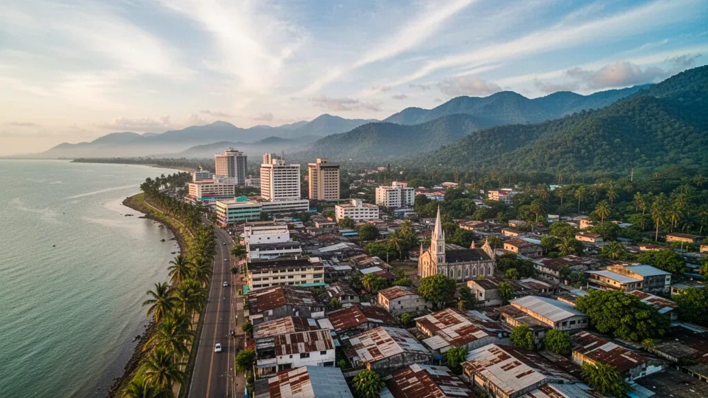 Golden hour aerial view of Cagayan de Oro skyline along Macajalar Bay in Misamis Oriental, Philippines, framed by green hills.