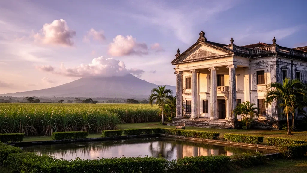 Colonnaded heritage mansion of The Ruins in Talisay, Negros Occidental, glowing at sunset amid green sugarcane fields