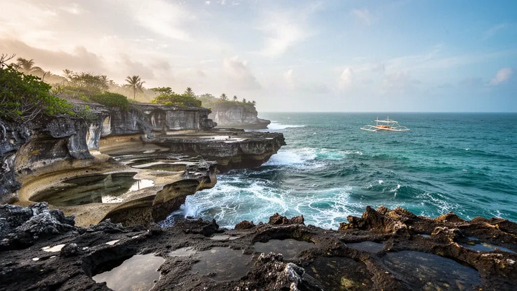Formaciones rocosas calcáreas escalonadas que se encuentran con olas turquesa en Biri, Sámar del Norte, Filipinas, bajo una suave luz matutina