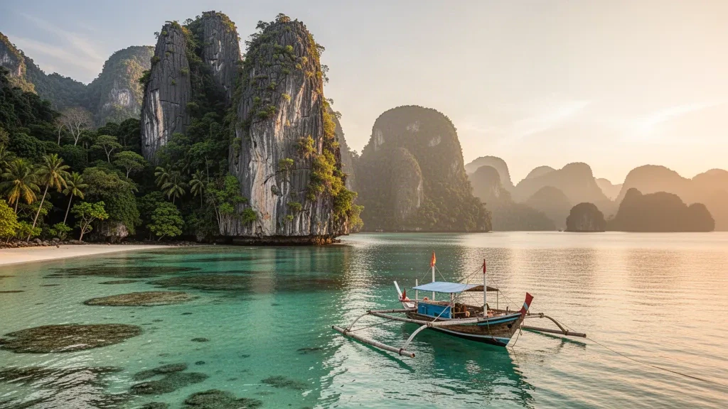 Türkisfarbene Lagune, eingerahmt von hoch aufragenden Kalksteinkarstfelsen in El Nido, Palawan, mit einem traditionellen Auslegerboot zur goldenen Stunde