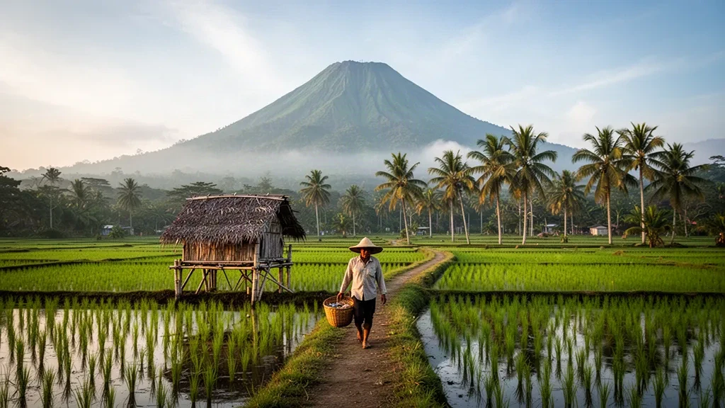 Mount Arayat rising above green rice paddies and a nipa hut in Pampanga, Philippines, at golden hour